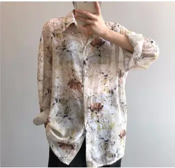 

Loose Chiffon Women Blouse 2020 Spring Summer French Style Flower Print Vintage Streetwear Long Sleeve Cardigan Tops Female