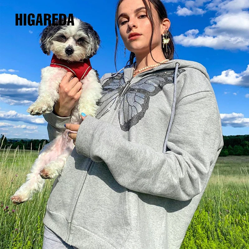 

2020 Butterfly Print Hooded Zipper Sweatshirts Autumn Winter Women Fashion Streetwear Oversized Jacket Hoodies