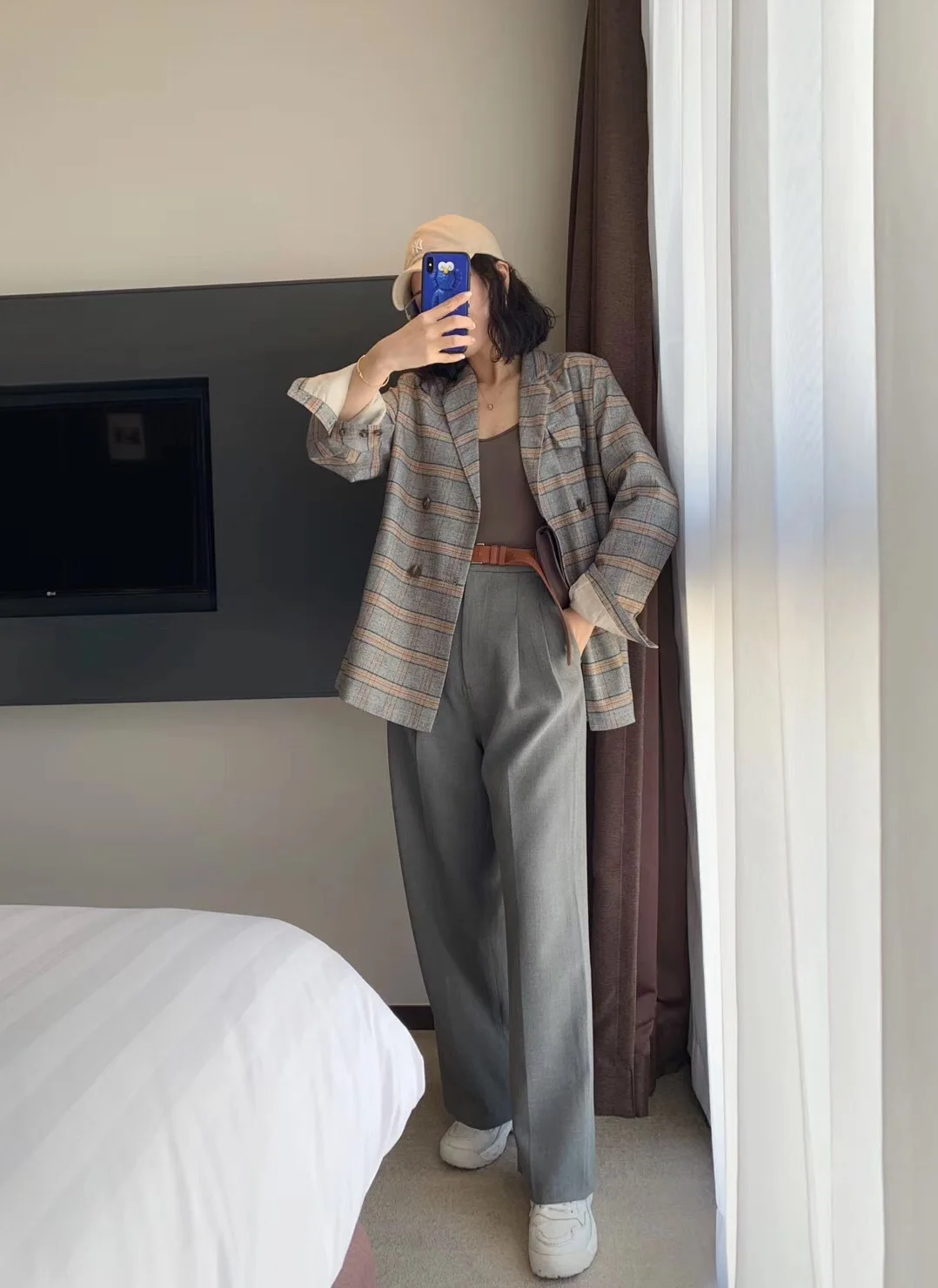 

19 Autumn New Style Korean-style Casual Simple Suit Collar Double Breasted Plaid Coat Women's Fashion Business Suit T680