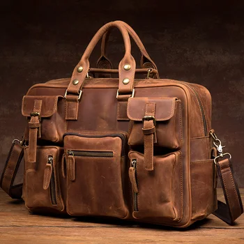 

Vintage Men's Genuine Leather Briefcase Full Grain Leather Business Handbag Cow Leather Laptop Portfolio Shoulder Messenger Bag