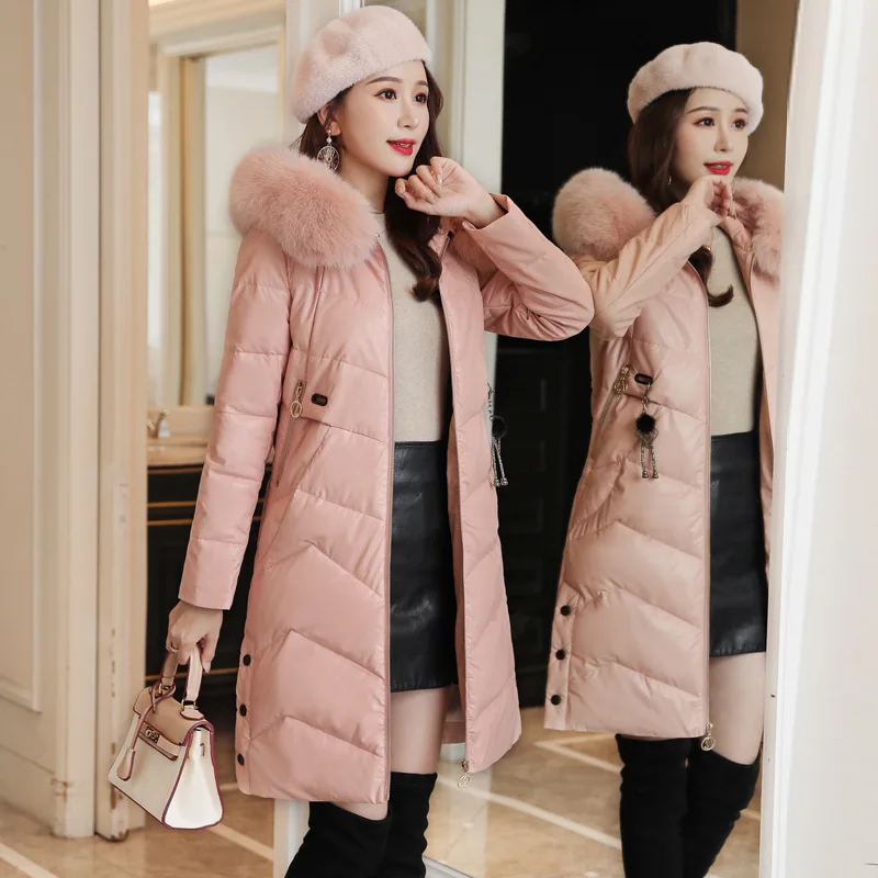 

2019 Korean-style Winter New Style Medium-length down Jacket Cotton-padded Clothes PU Leather Really Fox Fur Collar Leather Cott