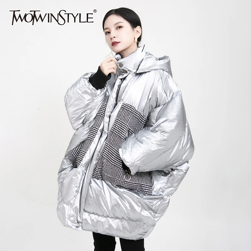 TWOTWINSTYLE, повседневные, лоскутные, клетчатые, хлопковые, для женщин, с капюшоном, воротник, длинный рукав, рукав летучая мышь, женские парки,, модная одежда
