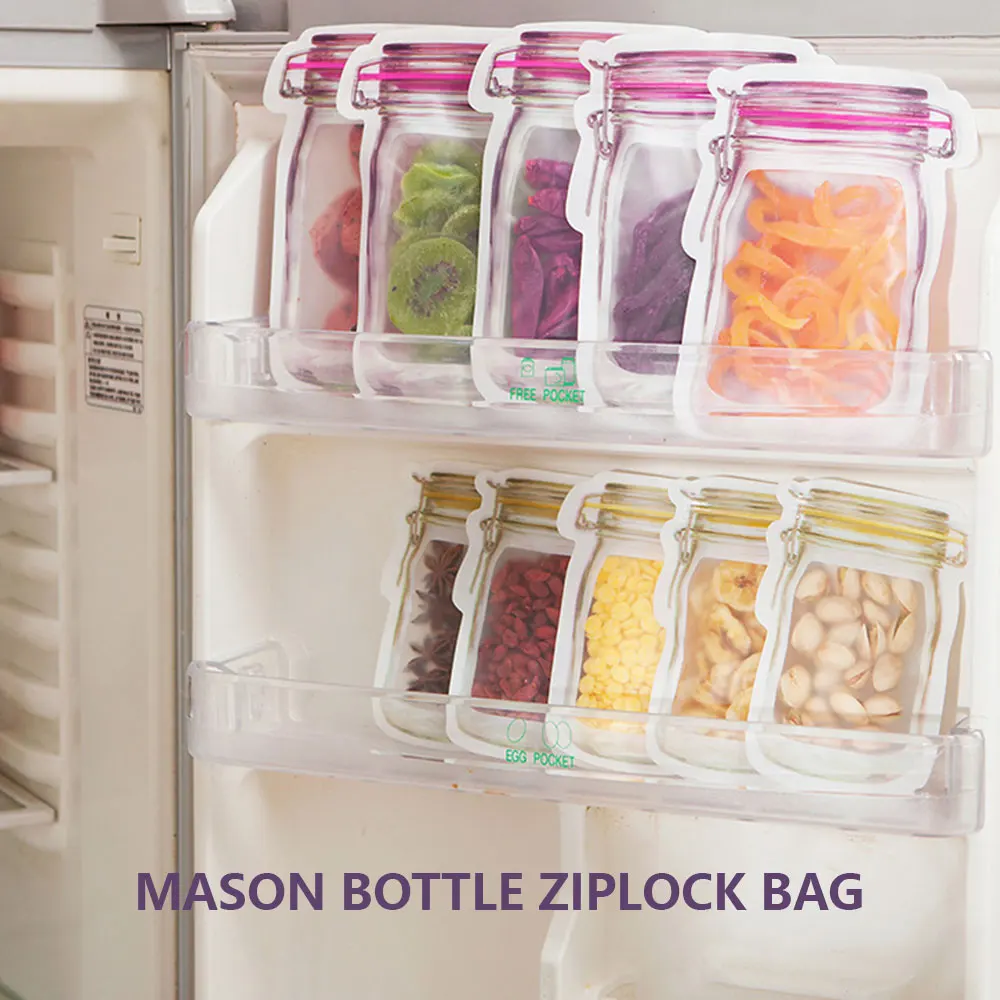 20PCS Reusable Mason Jar Bottles Bags Seal Fresh Food Storage Bags Organizer Nuts Candy Cookies Snack Ziplock Bottles Bags
