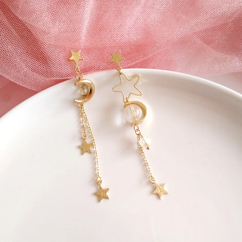 Stud Earrings Новые асимметричные серьги в виде Луны и звезд с длинной цепочкой - Окраска металла: Stud Earrings