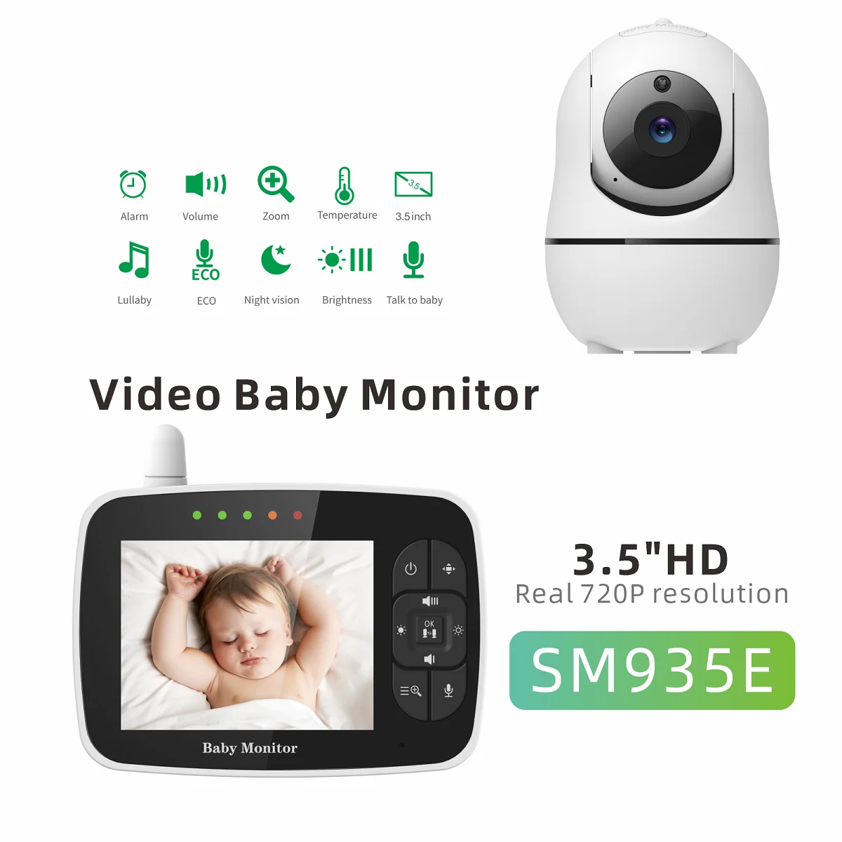 ANMEATE Baby Monitor with Remote Pan-Tilt-Zoom Camera, 3.5” Large Display  Video Baby Monitor with Camera and Audio |Infrared Night Vision |Two Way