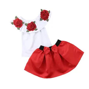 

Pudcoco Clothes For Girl Kids Baby Girl Off Shoulder 3D Rose Flower Blouse Top Dress Skirt Outfit Clothes