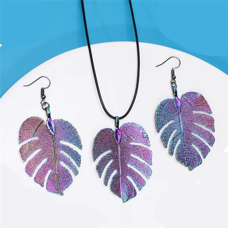 VIVILADY, хит, BOHO Monstera, кулон в виде листа, красочный сплав, женский ювелирный набор, ожерелье, серьги, для девушек, крупные, вечерние, подарок