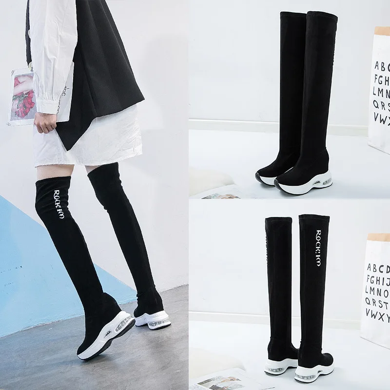 

Elastic cloth over knee boots with thick bottom and increased air cushion women shoes autumn winter casual alphabet boots