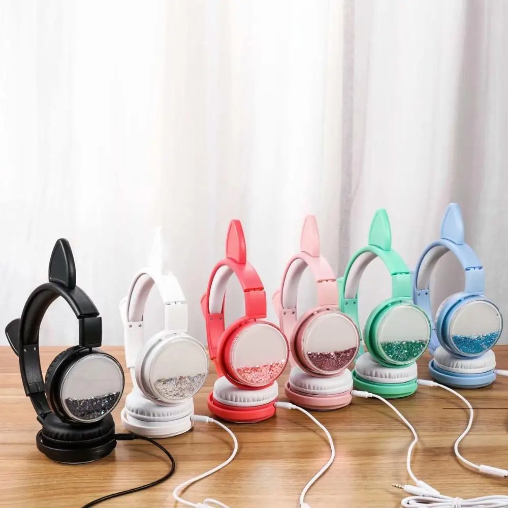 Girls Cat Ear Headset Quicksand Decor Music Sports Headphones for Kids Gifts