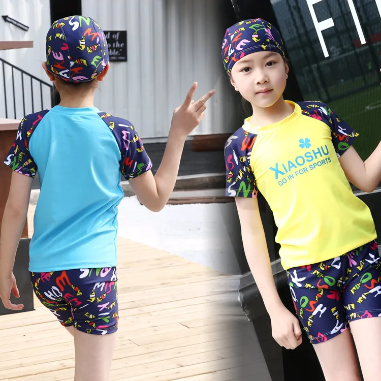 

CHILDREN'S Swimsuit Set Swim Cap GIRL'S Big Boy Split Type Tour Bathing Suit Girls Students Swimwear Three-piece Set Men And Wom
