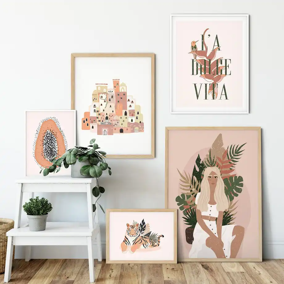 Moda Abstracta Vintage Chica Tigre Planta Pared Arte Lienzo