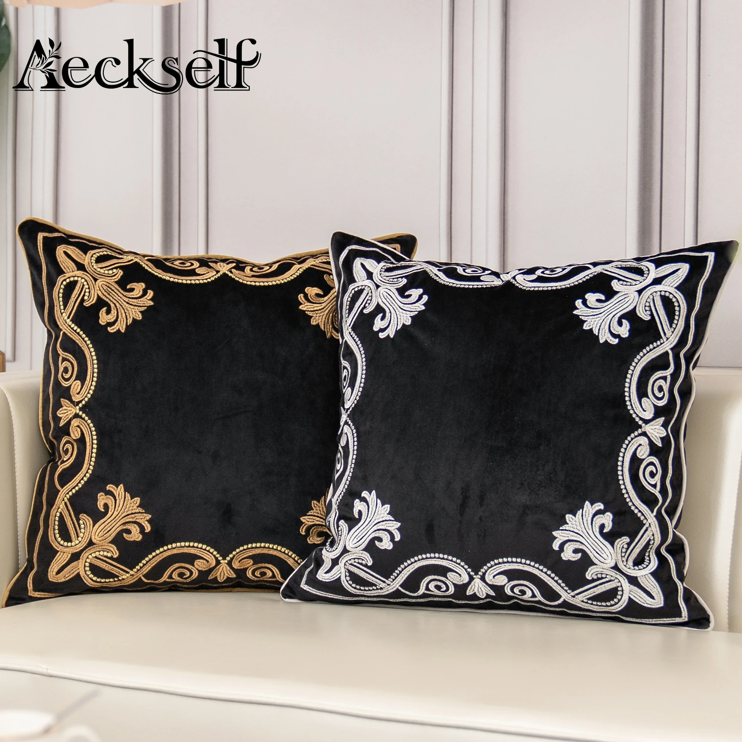 Aeckself Luxury European Flowers Embroidery Velvet Cushion Cover Home Decor Navy Blue Brown Gray Throw Pillow Case Pillowcase