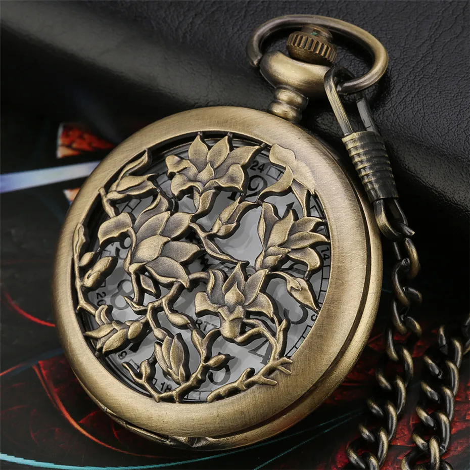 Изысканные бронзовые полые цветы дизайн кварцевые карманные часы с арабскими цифрами Круглый циферблат винтажные Женские Подвески часы с ожерельем