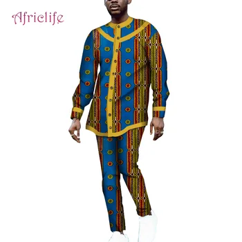 

WYN1064 Two Pcs Sets Bazin Riche Pattern Men Clothing Long Sleeve Shirt and Slim Long Pant African Wax Print Cotton Men Dresses