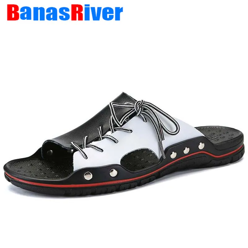 

2020 Breathable Slip on Boat Leather Men Slippers Beach Shoes Comfortable Summer Flats Heels Male Slides Luxury Plus Size 38-48