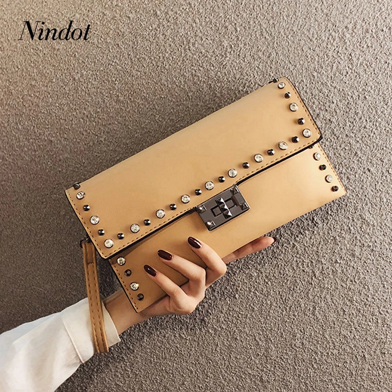 Nindot серый клатч, однотонный Модный чехол, женская сумка из искусственной кожи с заклепками, сумка через плечо, дневной клатч, вечерняя сумка-конверт