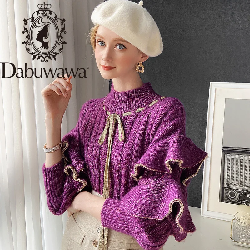 

Dabuwawa Sweet O-Neck Solid Sweater Women Autumn Winter Long Sleeve Elegant Ruffle Bow Knit Pullover Female Ladies DT1DKT009