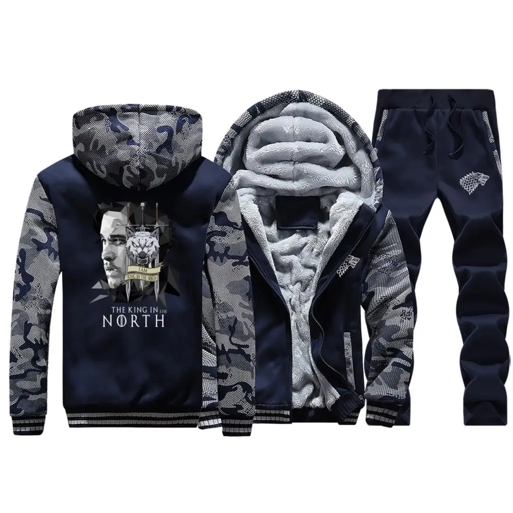 Dark Blue Funny Sweatshirt+Pants 2 Piece Sets Men Game Of Thrones Coat The King In The North Hoodies Hip Hop Tracksuit Winter Men Jacket - Цвет: Dark Blue