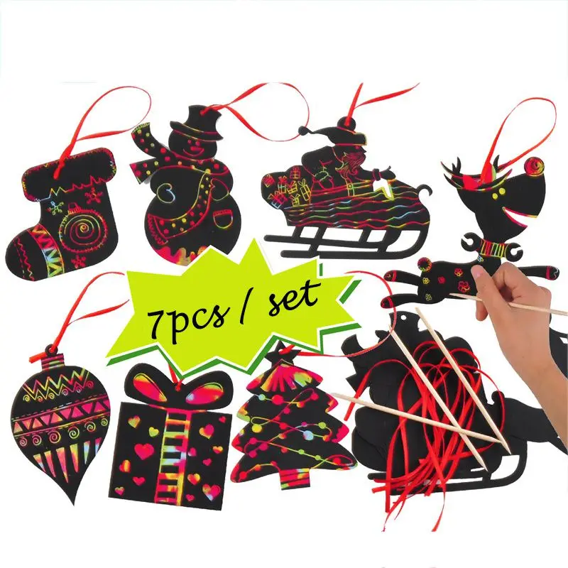 

7pcs/Lot Magic Color Scratch Card Christmas Tree Ornaments Scratch Art Paper Coloring Cards Scraping Drawing Toy For Kids Gifts