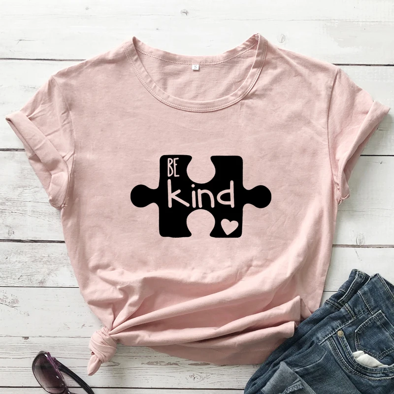 

Женская футболка с рисунком Be Kind, футболка с изображением пазлов, Милая футболка с изображением христианской тематики, летний топ для осмотра аутизма