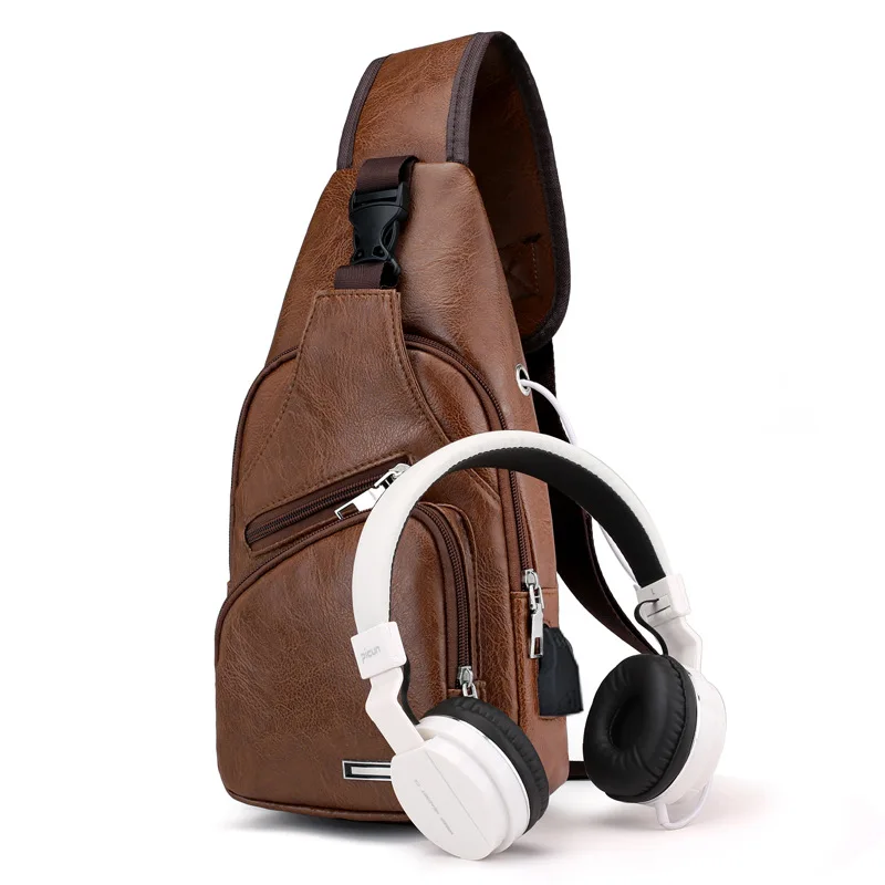

Special Offer Cross Border Men Chest Bag PU Leather Waterproof Chest Bag USB Charging Headphone Jack Chest Pack Wish