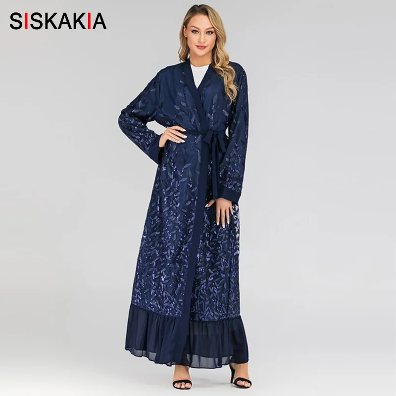 

Siskakia Muslim Open Abaya Fashion Sequins Leaves Embroidery Middle East Robes lace Mesh Patchwork Arabian Wears Blue Grey 2019