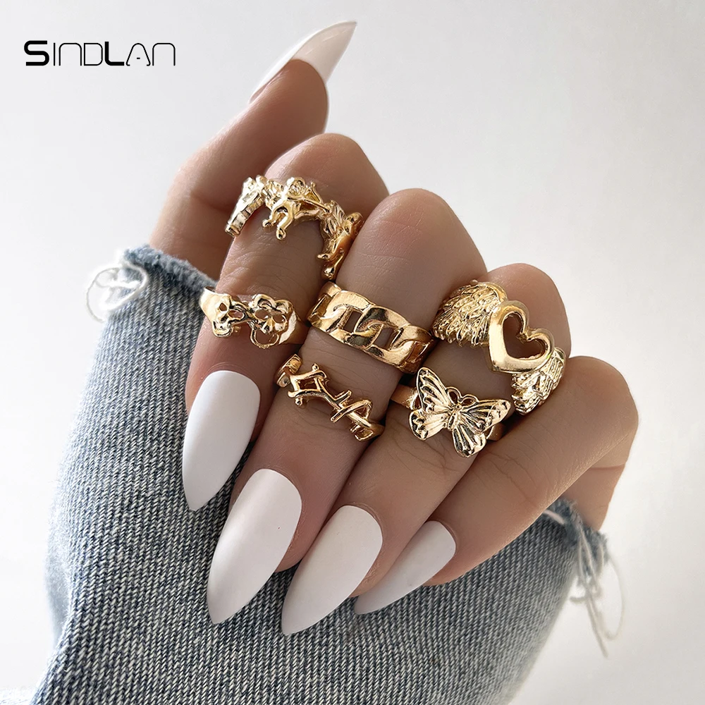 Sindlan Gothic Silver Color Grimace Finger Rings Set for Women Punk Stranger Things Butterfly Female Emo Jewelry Anillos Bague