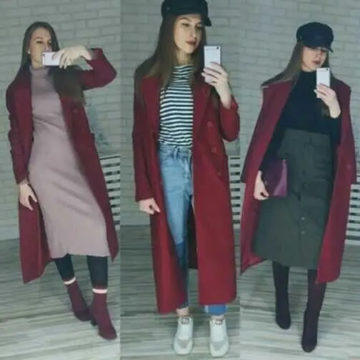 Lugentolo/шерстяное пальто для женщин, с отворотом, на шнуровке, тонкое, с длинными рукавами, однотонное, осенне-зимнее, новое, однотонное, 4 цвета - Цвет: Бургундия