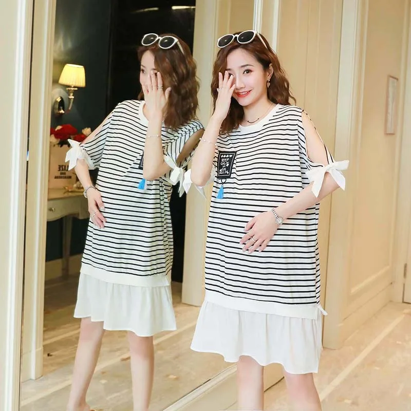 

Net Price Maternity Clothes Summer Korean-style Large Size Loose Maternity Dress Stripes Crew Neck Lace-up Bow Short-sleeve Dres