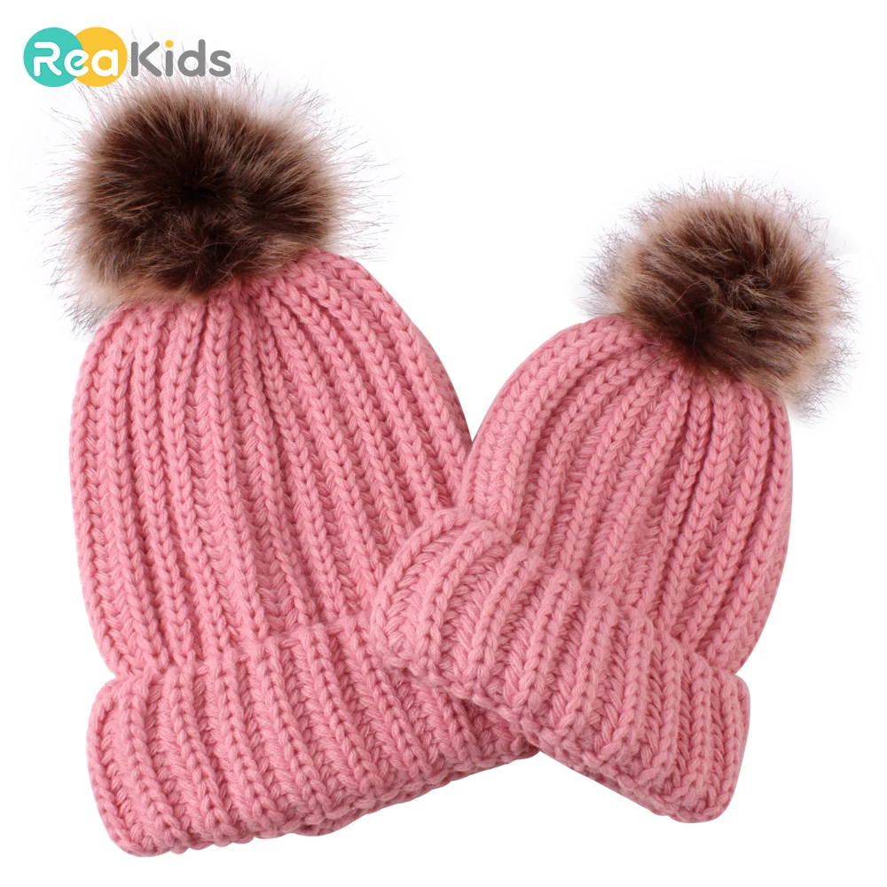 REAKIDS/ зимняя детская шапка с помпоном, Толстая теплая хлопковая шапка для взрослых, для маленьких мальчиков и девочек, вязаная женская шапка для отдыха, Мужская