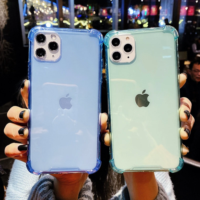 Прозрачный ударопрочный чехол бампер для IPhone 12 11 Pro Max XR Xs однотонный ярких цветов