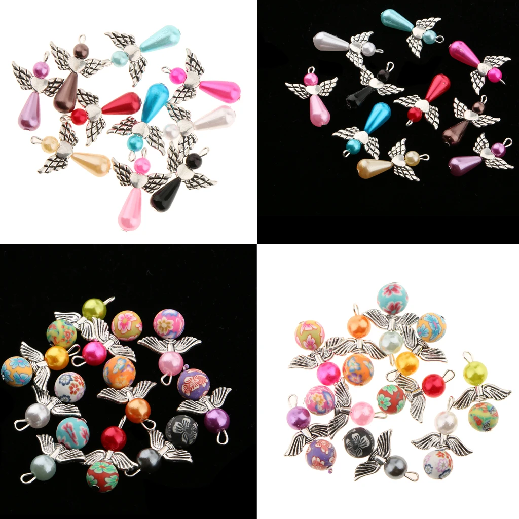 40 Pieces Mixed Angel Wings Drop/Heart Pendants Charms Beads Antique silver color Wings for Necklace Bracelet Jewelry Making Crafts