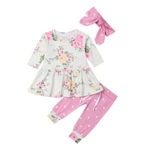 Осенний комплект одежды из 3 предметов для новорожденных и маленьких девочек, платье с цветочным рисунком топы, штаны, леггинсы повязка на голову, спортивный костюм для детей от 0 до 24 месяцев