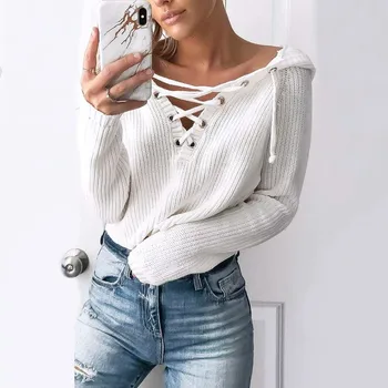 

knit cardigan women Winter Baggy Lace Up Coat Chunky Knitted Oversized Hooded Sweater Jumper 2019 V Neck Solid Women Sweaters#15