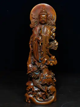 

wedding decoration Old Chinese Boxwood Wood Carved Guanyin Bodhisattva statue Carved Dragon Backlit Guanyin Buddha Statue