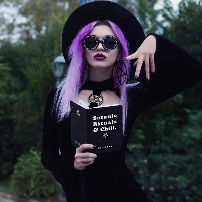 Темно черное готическое платье для девочек бархатные платья с пентаграммой мини