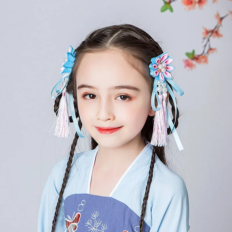 Hanfu Китайский головной убор, детская заколка с кисточками, заколка для маленьких девочек в стиле ретро, антикварные аксессуары, костюм для девочек с цветами - Цвет: Красный
