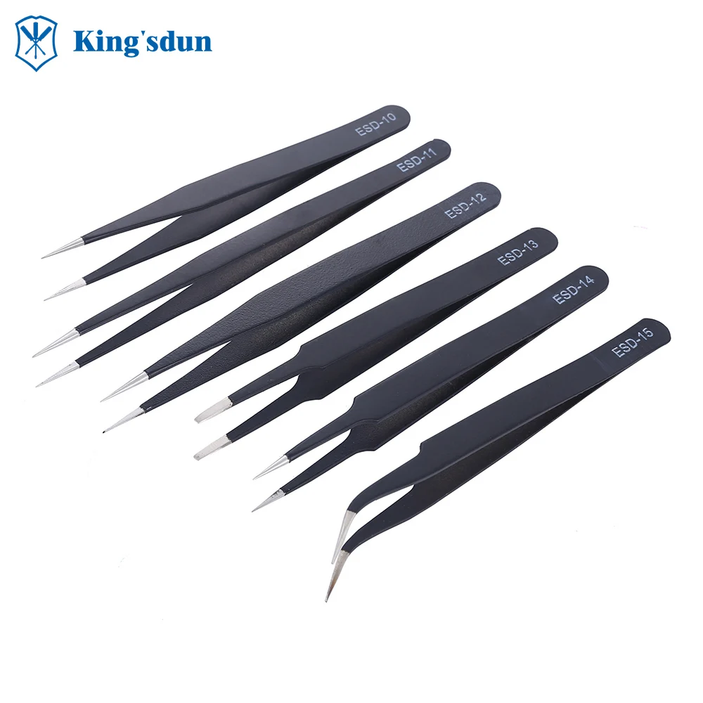 

King'sdun Anti-static ESD Stainless Steel Tweezers Maintenance Tools Industrial Precision Curved Straight Tweezers Repair Tools