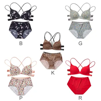

Sexy Bra Set High Quality Women Front Buckle Cross Back Print Flower Push up Underwear Gathered Bra And Panties