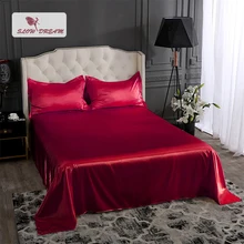 Slowdream Women Silk Wine Red Bed Sheet Silky Pillowcase Flat Sheet Double Queen King Bed Linen Set Healthy Sleep For Adult