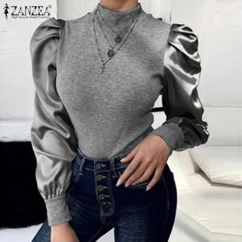 

Stylish Long Puff Sleeve Blouse ZANZEA Women Patchwork Shirt Elegant Office Work Blusas Female Casual Party Tops Streetwear Robe