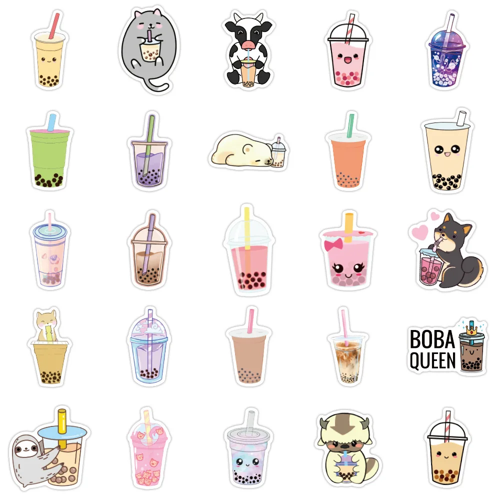 50 Cute Cartoon Pearl Milk Tea Aesthetic Stickers For Journal Pack