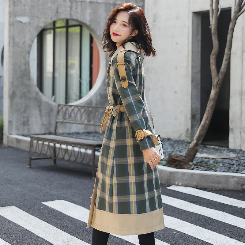 

Plaid Windbreaker Mid Length Autumn 2019 New British Style Fashion Loose Knee Over Korean Coat Trend Long Coat Woman Clothes