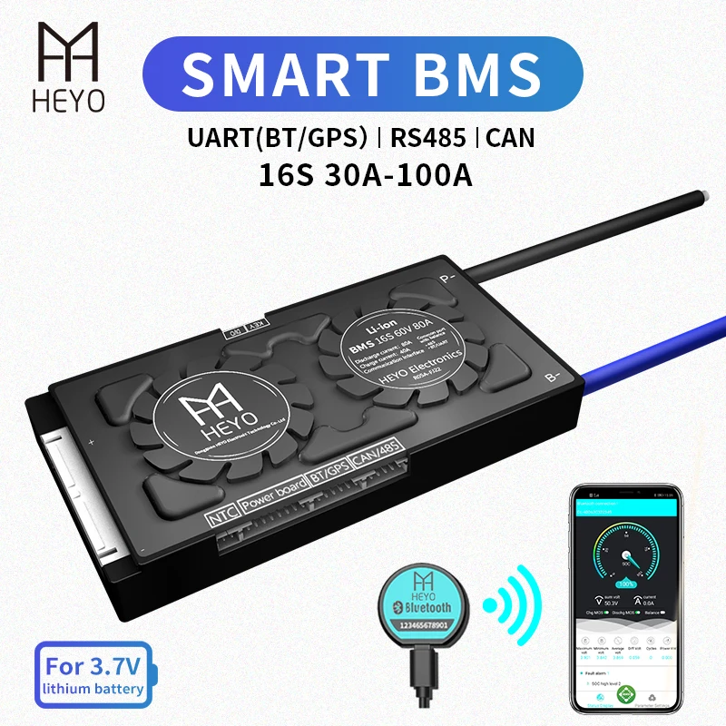 HEYO Smart BMS Li Ion 16S 60V 30A 40A 60A 80A 100A Bluetooth BT приложение GPS UART RS485 CAN USB устройство NTC батарея e