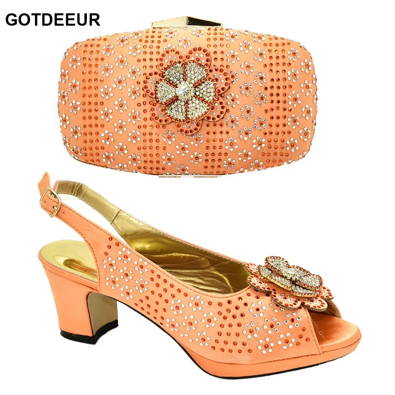

Orange Color Italian Ladies Shoe and Bag Set Decorated with Rhinestone Italian Shoes with Matching Bags Summer Shoes Women Party