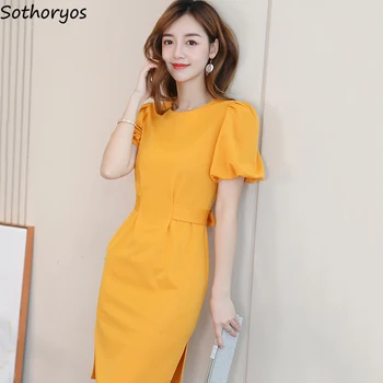 

Dress Women Solid A-Line All-match Trendy O-Neck Womens Korean Style Knee-Length Clothing Summer Comfortable Elegant Ladies 2020