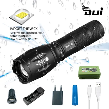 

DUI Led flashlight powerful Bright torch T6/L2/V6 5 switch Modes waterproof Zoomable Bicycling camping 18650 battery lamp
