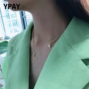 

YPAY 100% Solid 925 Sterling Silver Choker Necklaces for Women Gold Plated Water Drop Zircon Moon Necklace Fine Jewelry YMN166
