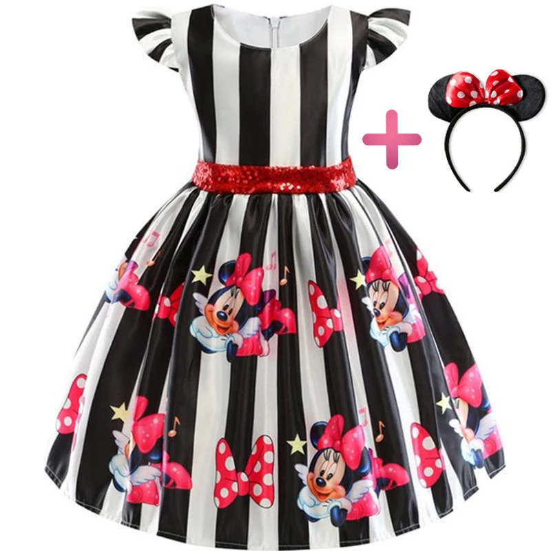 Детское рождественское платье в полоску с большим бантом и Минни Маус для девочек нарядное платье для принцессы, костюм, платья Одежда для костюмированной вечеринки на Хэллоуин