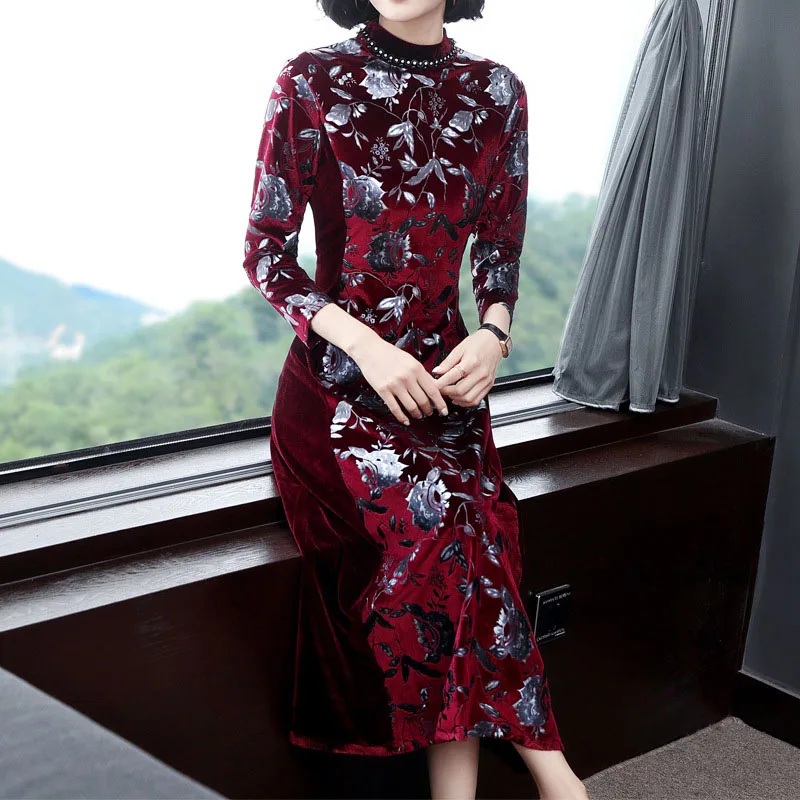 

Party Wine Red Luxury Fashion Jacquard Floral Long Maxi Dress Women Sexy Black Autumn Winter Velvet Dress High Quality Plus Size